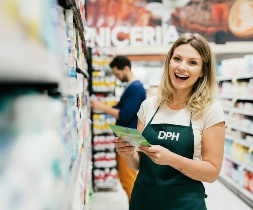 Chef de rayon supermarch avec lessive frixy
