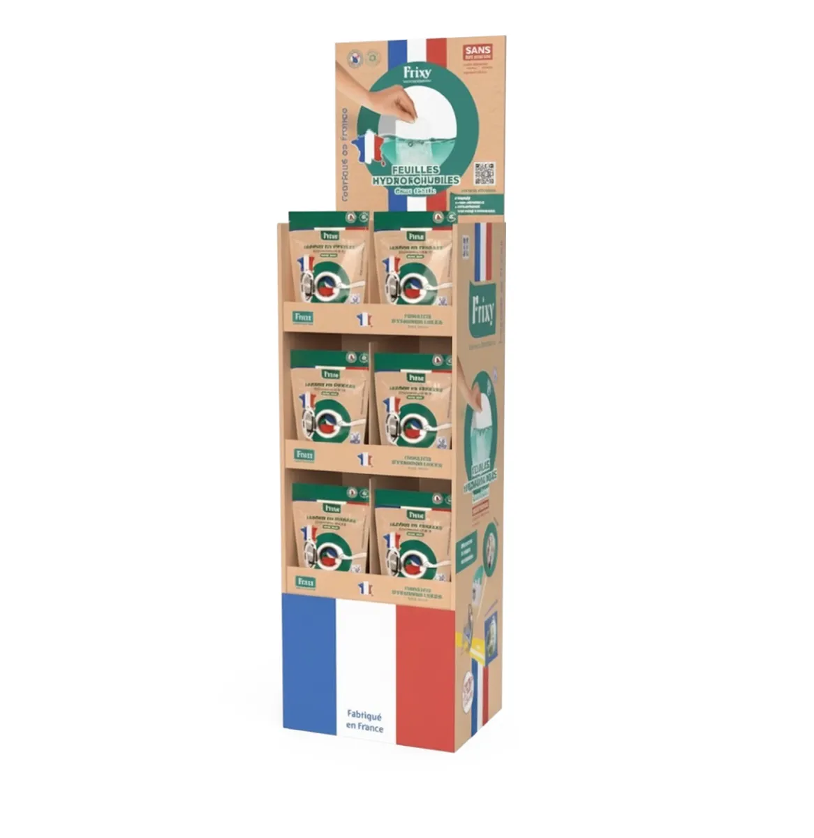 Présentoir de sol (PLV) pour la lessive écologique en feuilles FRIXY, garni de 90 sachets pour la vente en supermarché.