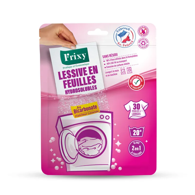 Sachet de **lessive en feuilles lavande** FRIXY, avec une formule douceur au bicarbonate.